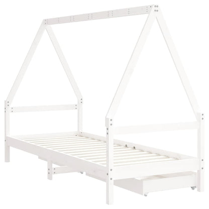 White kids house bed frame with storage drawers made of pine wood for bedroom.