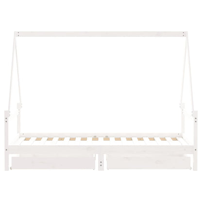 White kids house bed frame with storage drawers, made of durable pine wood.