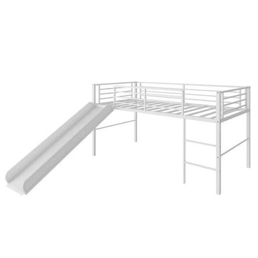 White metal loft bed with slide, providing fun and safe sleep space for kids.