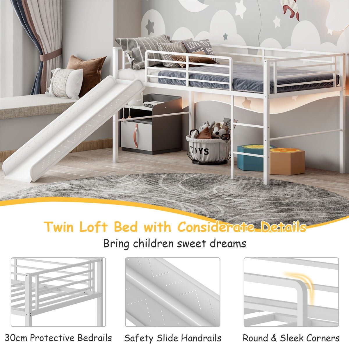 White Metal Loft Bed with Slide and Ladder Kids Mega Mart Kids Mega