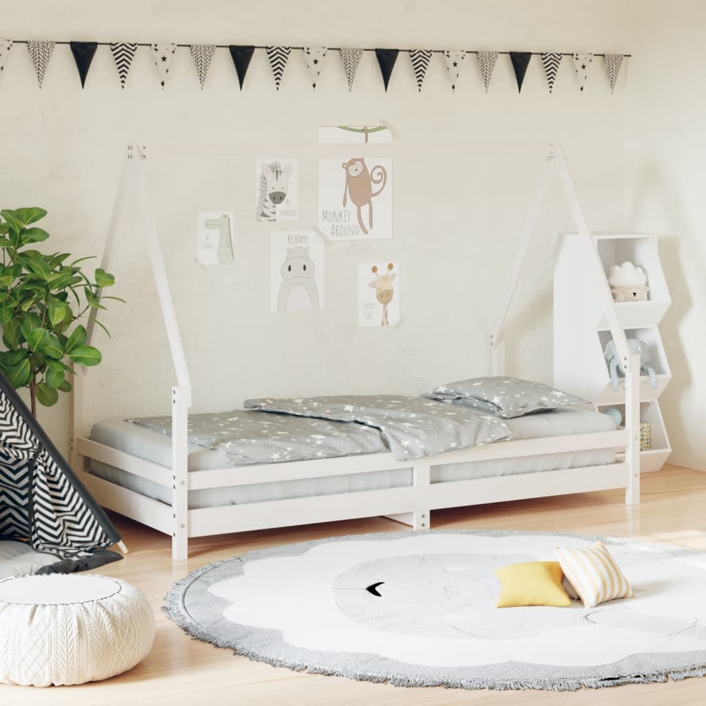 White solid pine kids house bed frame, a charming sleep haven for playful children.