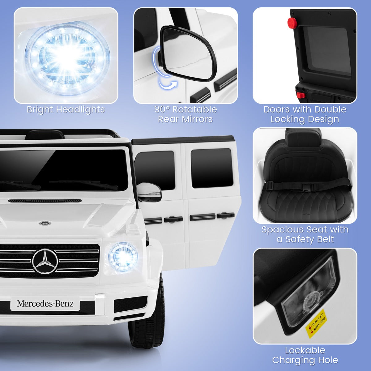 Mercedes-Benz G500 ride-on car for kids with remote control for at-home adventures.