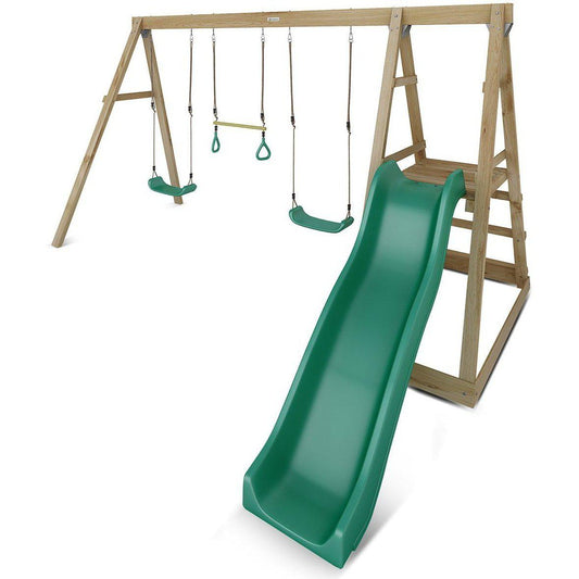 Wooden swing set with slide for kids backyard playtime, 4 stations for outdoor fun.