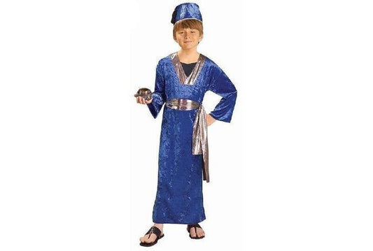 Childs blue Wiseman costume with robe, sash, and hat for imaginative play at home.