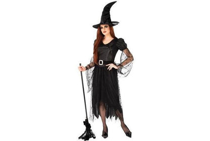 Witch costume for adults with spooky spider web sleeves, perfect for Halloween dress-up.