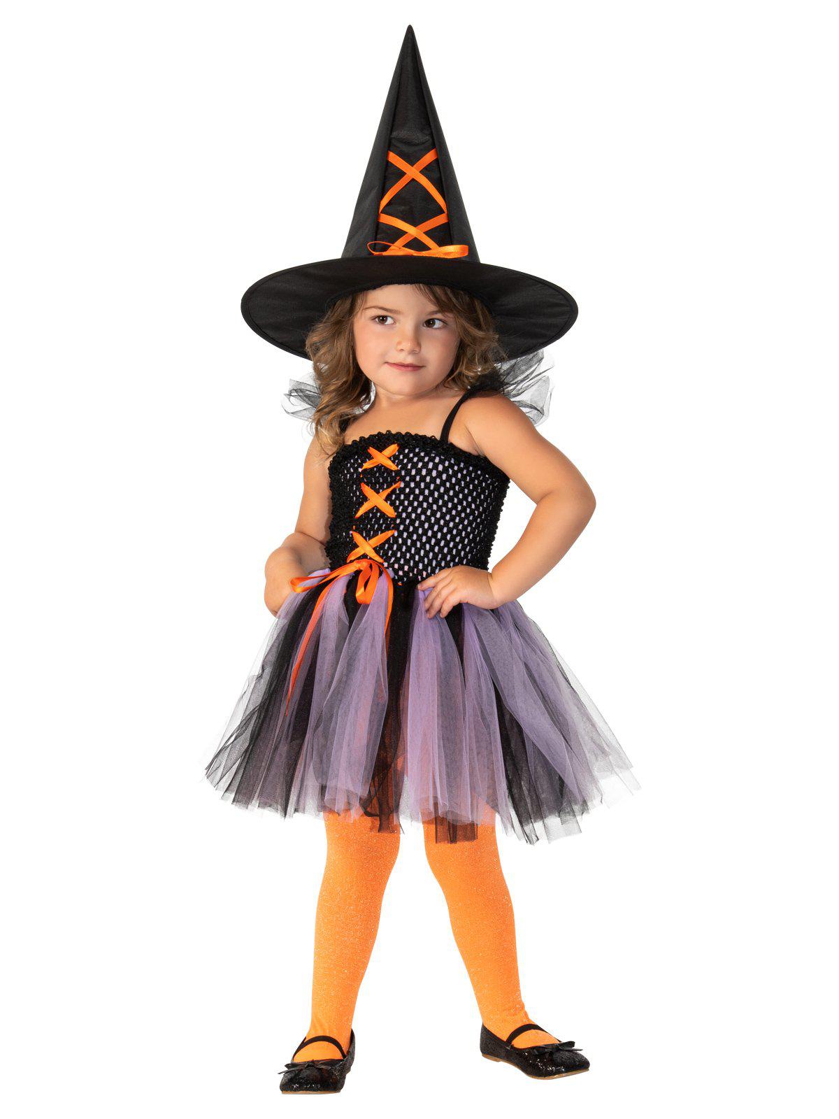 Kids Halloween witch costume with purple and orange tutu dress for imaginative dress-up play