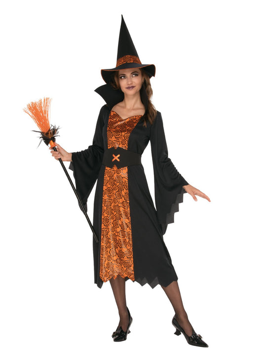 Adult Halloween witch costume in orange and black for captivating dress-up fun.