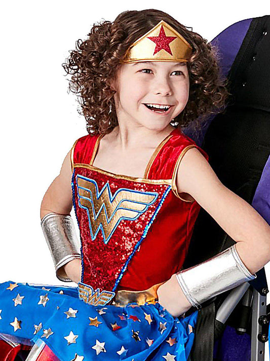 Kids Wonder Woman costume with adaptive design for easy dressing, official DC Comics product.