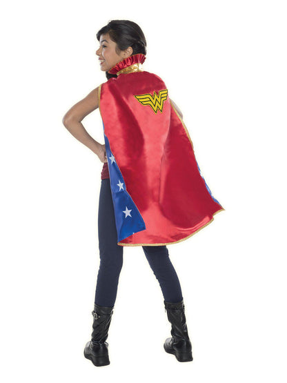 Wonder Woman red cape with gold trim, perfect for kids imaginative play at home.