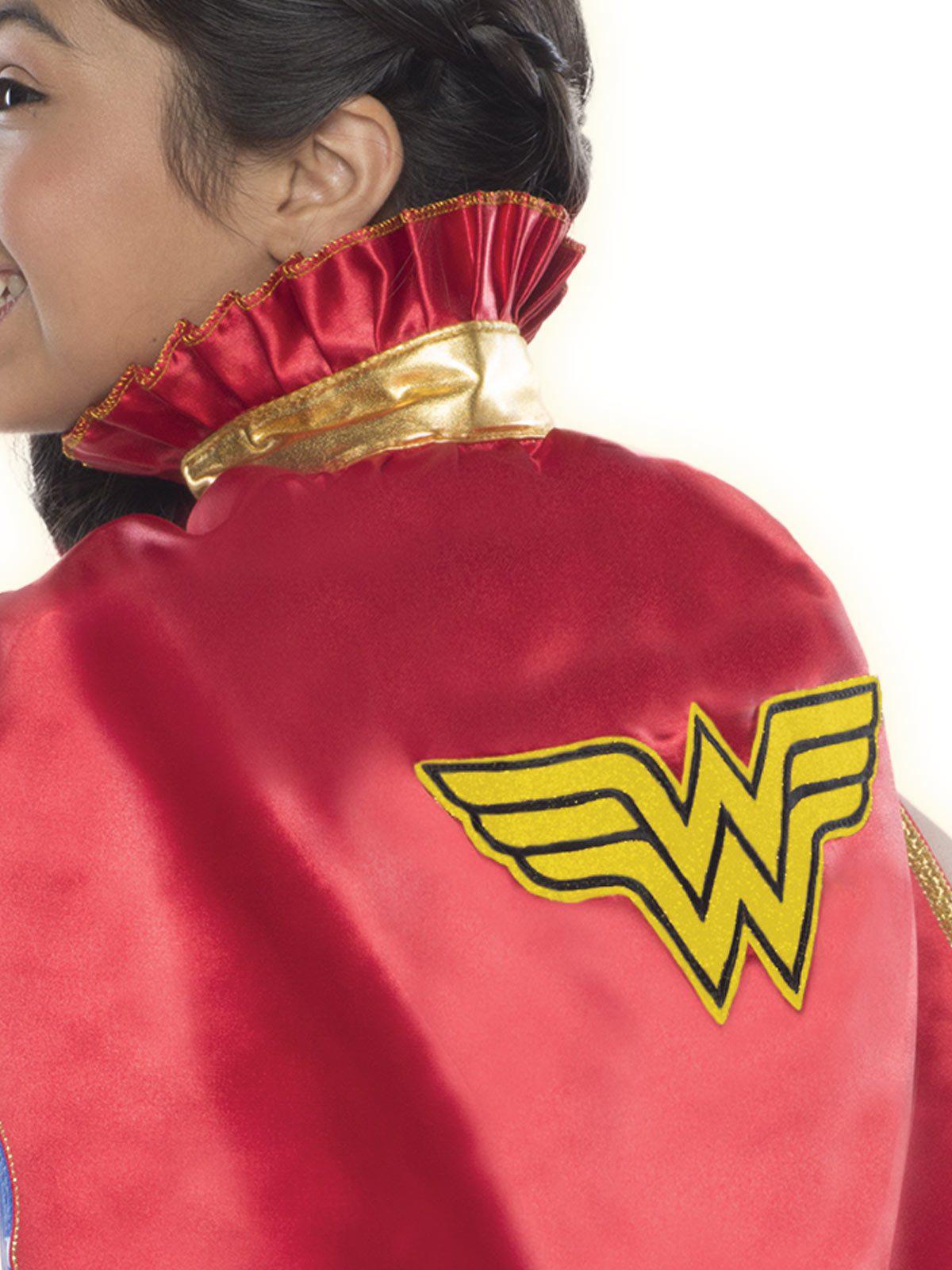 Red Wonder Woman cape for kids with gold trim, perfect for superhero play at home.