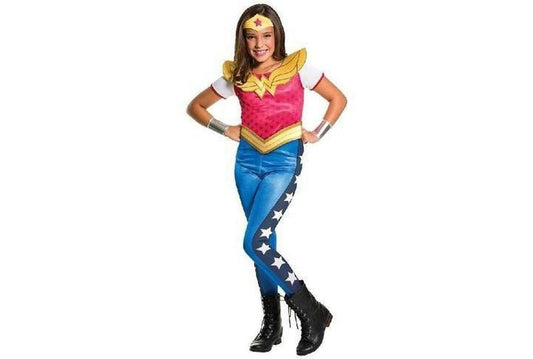 Official Wonder Woman costume for girls, perfect for superhero dress-up fun at home.