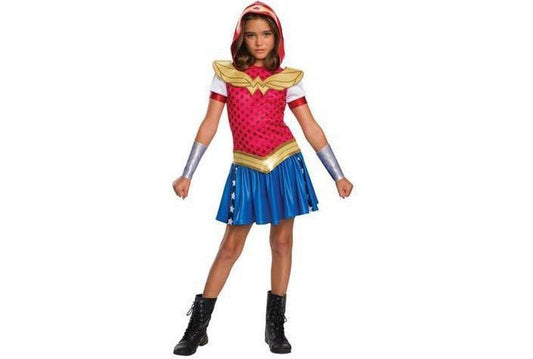 Girls Wonder Woman costume with hood, ideal for ages 8-10, perfect for dress-up play