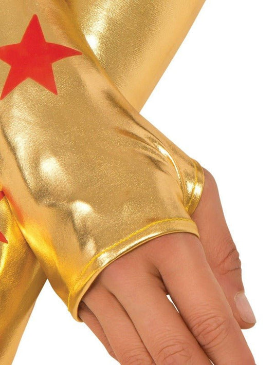 Kids metallic Wonder Woman gauntlets for home dress-up play, official DC Comics costume.