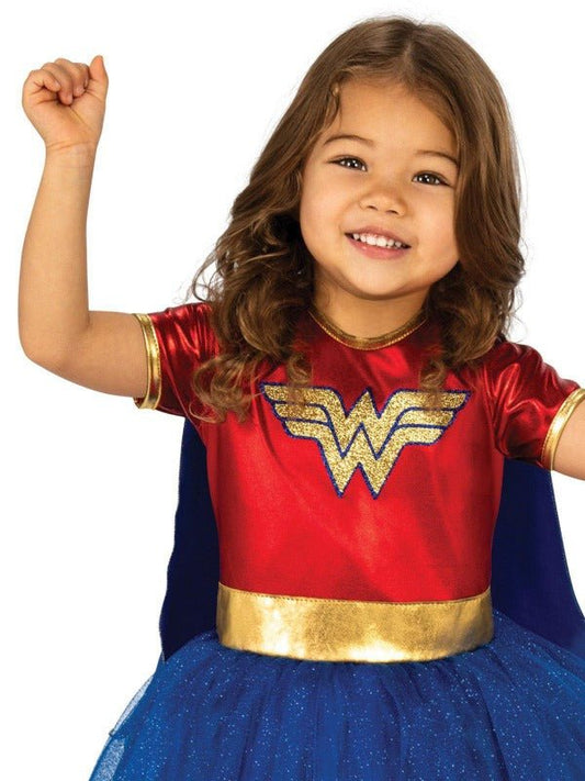 Girls Wonder Woman costume with cape for imaginative play and Halloween dressing up.