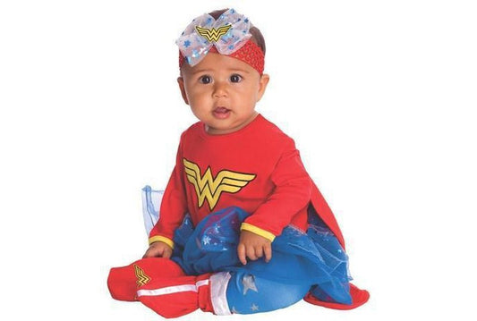 Wonder Woman baby girl costume romper set for ages 6 to 12 months.