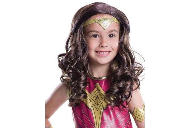 Kids Wonder Woman brown curly wig, DC Comics licensed for imaginative dress-up at home.