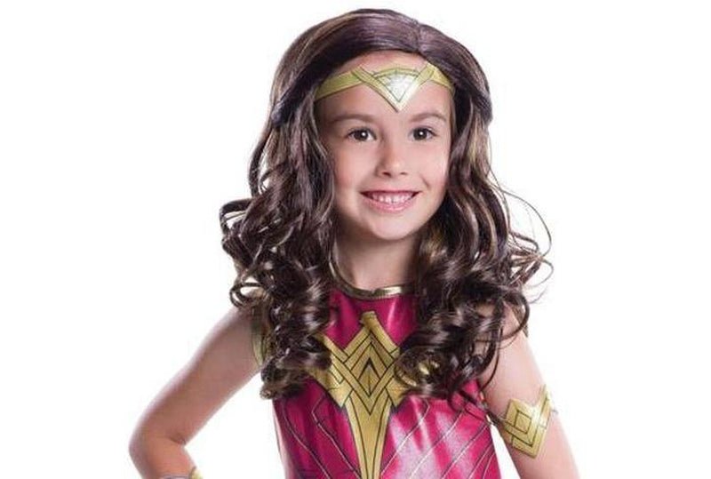 Alt text | Childs Wonder Woman wig for Halloween costume, iconic style for play at home.