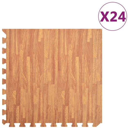 Colorful 24-piece EVA foam mats with wood grain design for kids play areas.