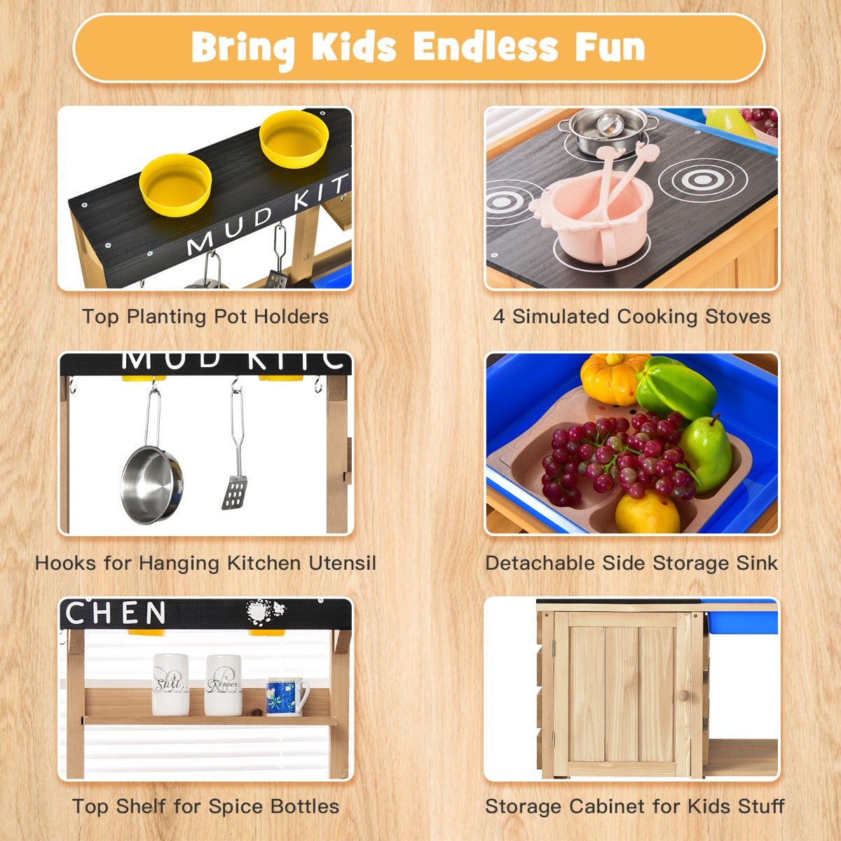 Eco-Friendly Outdoor Play: Wood Kids Kitchen Set with Accessories