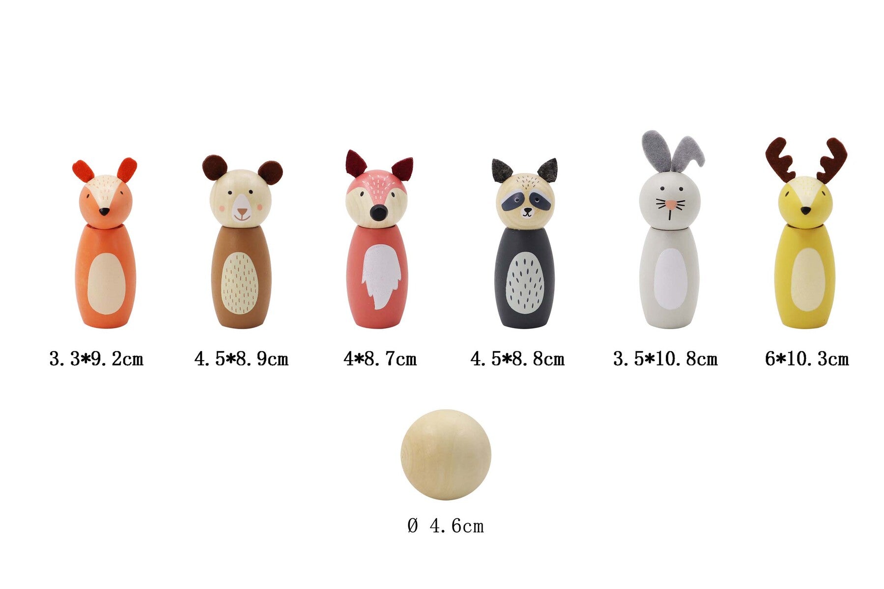 Wooden animal bowling set skittles for kids interactive play at home. Animal-shaped pins included.