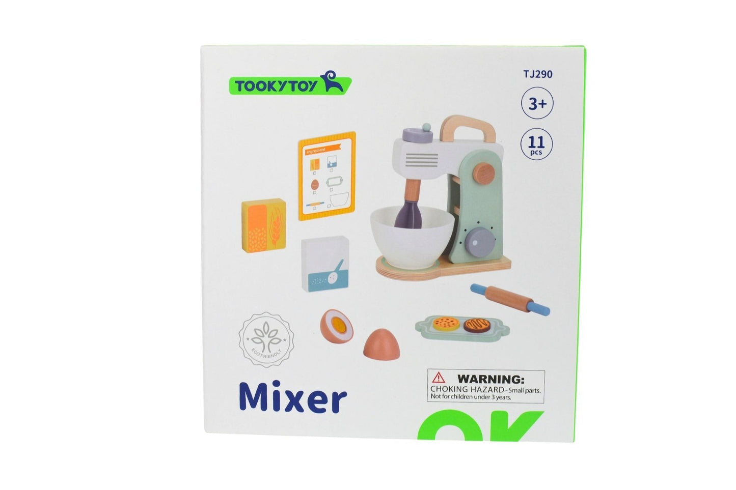 Kids wooden baking mixer set with colorful utensils for interactive baking fun at home.