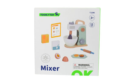 Kids wooden baking mixer set with colorful utensils for interactive baking fun at home.