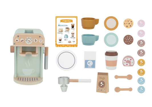 Wooden Barista Coffee Machine Set for kids imaginative play, promoting creativity and fun.