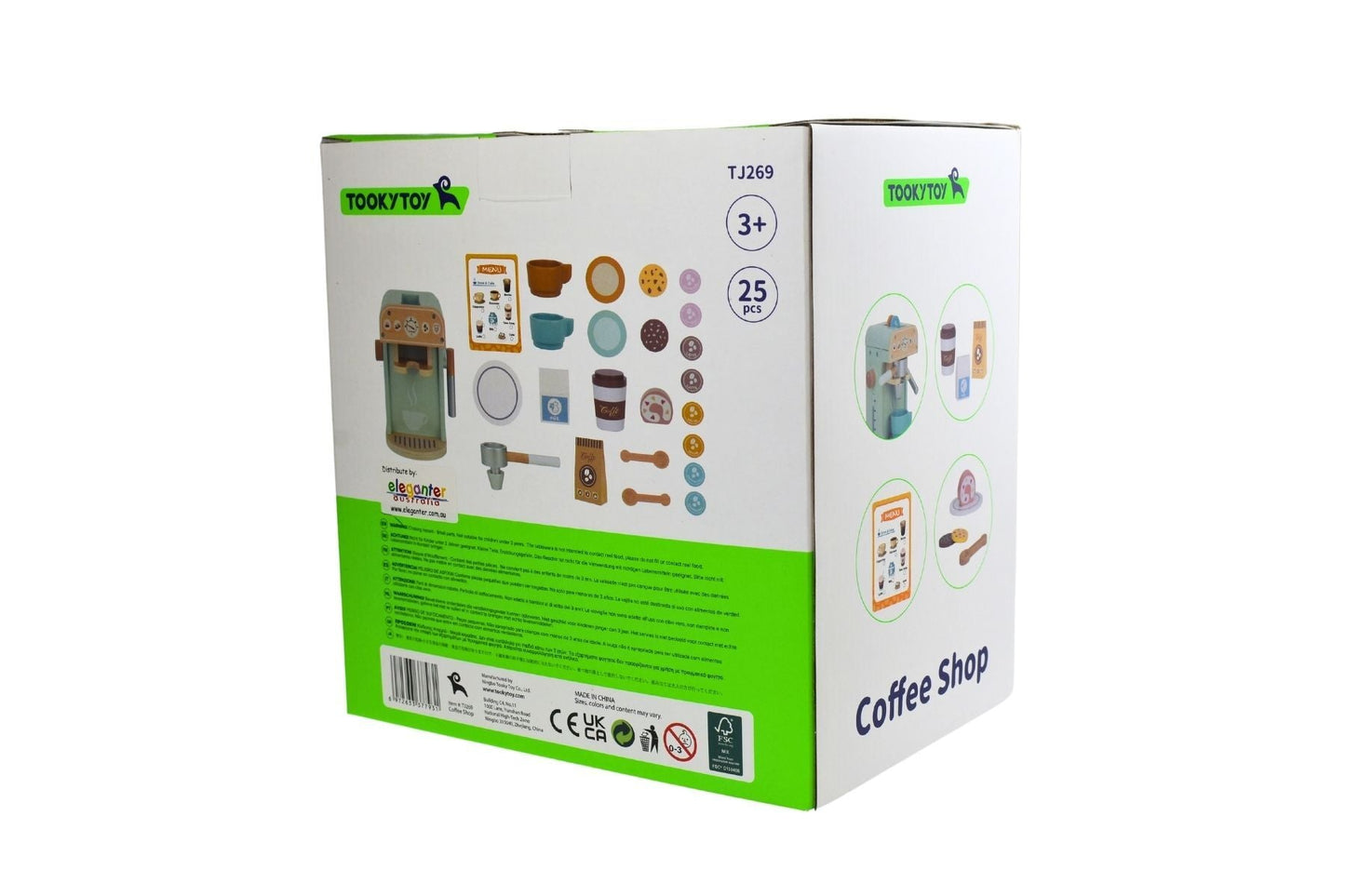 Kids wooden barista coffee machine set for pretend play, with realistic features and accessories.