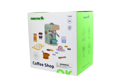 Wooden barista coffee machine set for kids, imaginative play, includes cups and coffee maker.