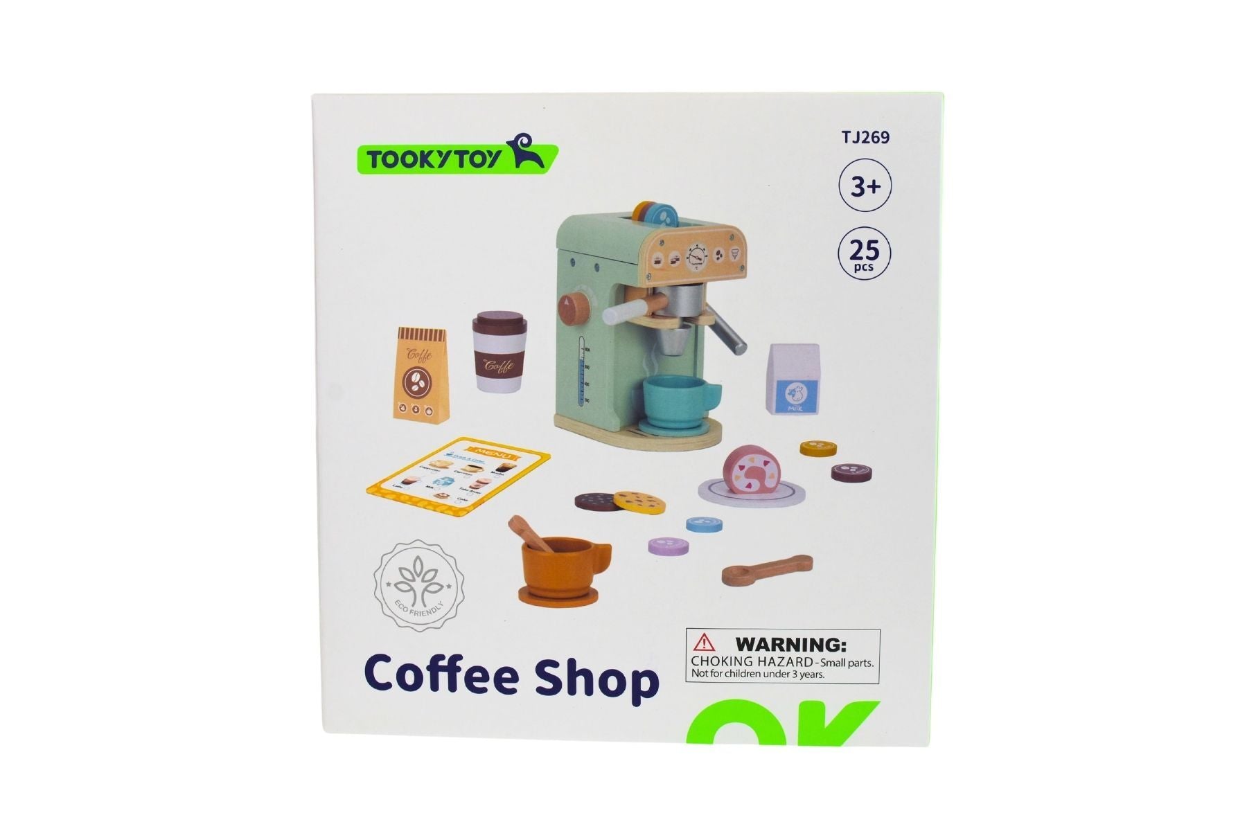 Wooden barista coffee machine set for kids pretend play, featuring realistic design and accessories.