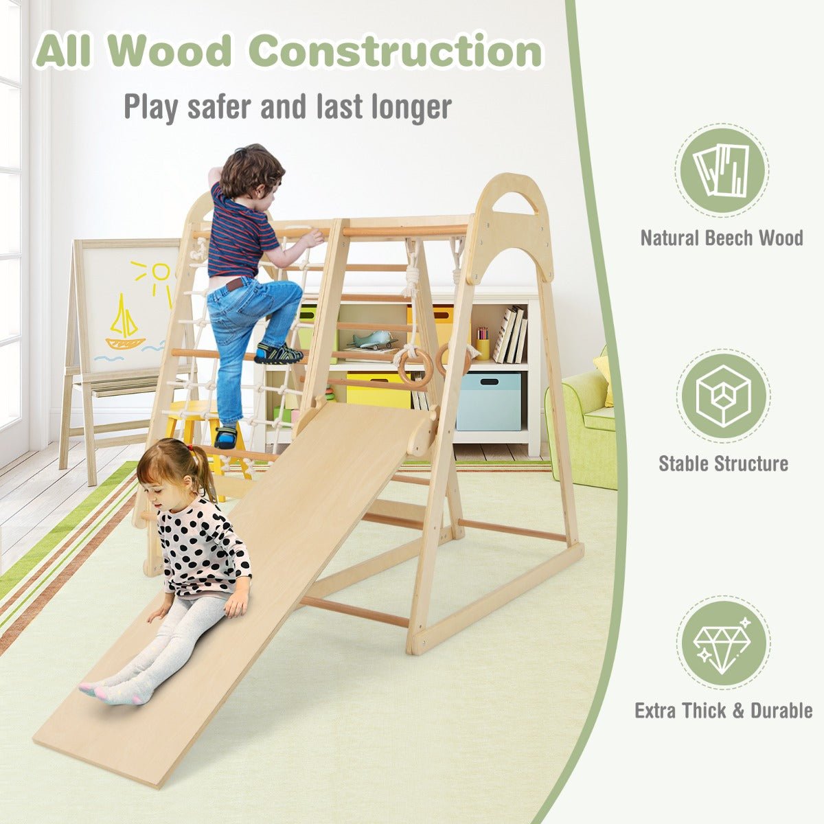 Explore and Play: Wooden Climbing Playset with Gymnastics Rings