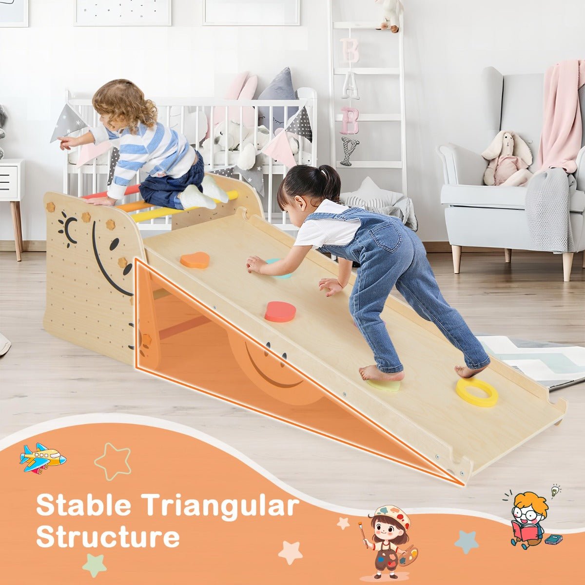 Montessori wooden triangle climber set with adjustable ramp for creative play at home.