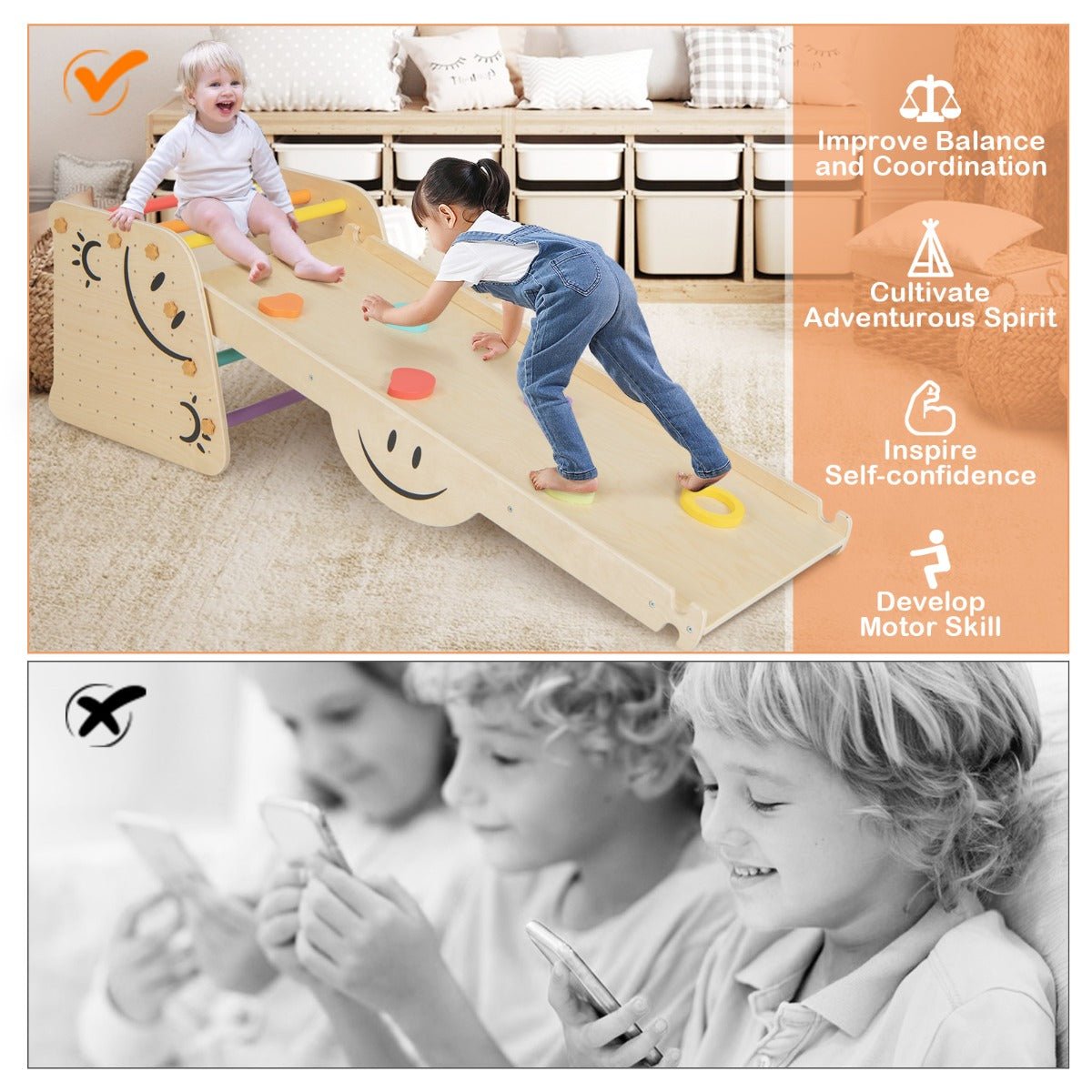 Montessori Wooden Triangle Climber Set with Adjustable Ramp for active indoor play at home