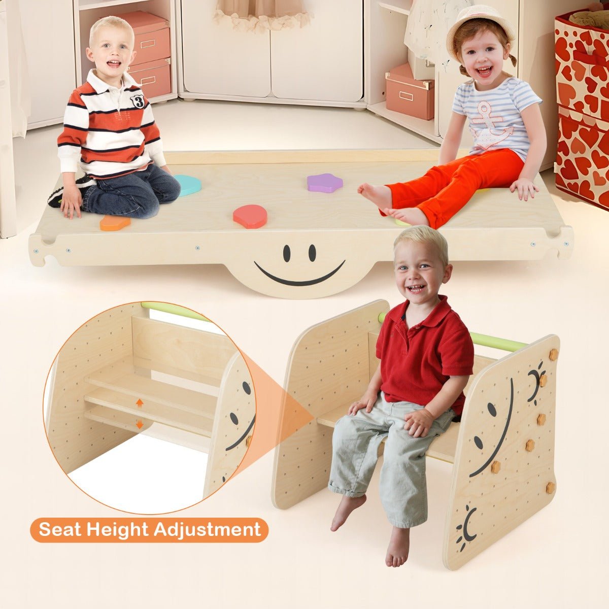 Montessori wooden triangle climber with adjustable ramp for active and imaginative play at home.