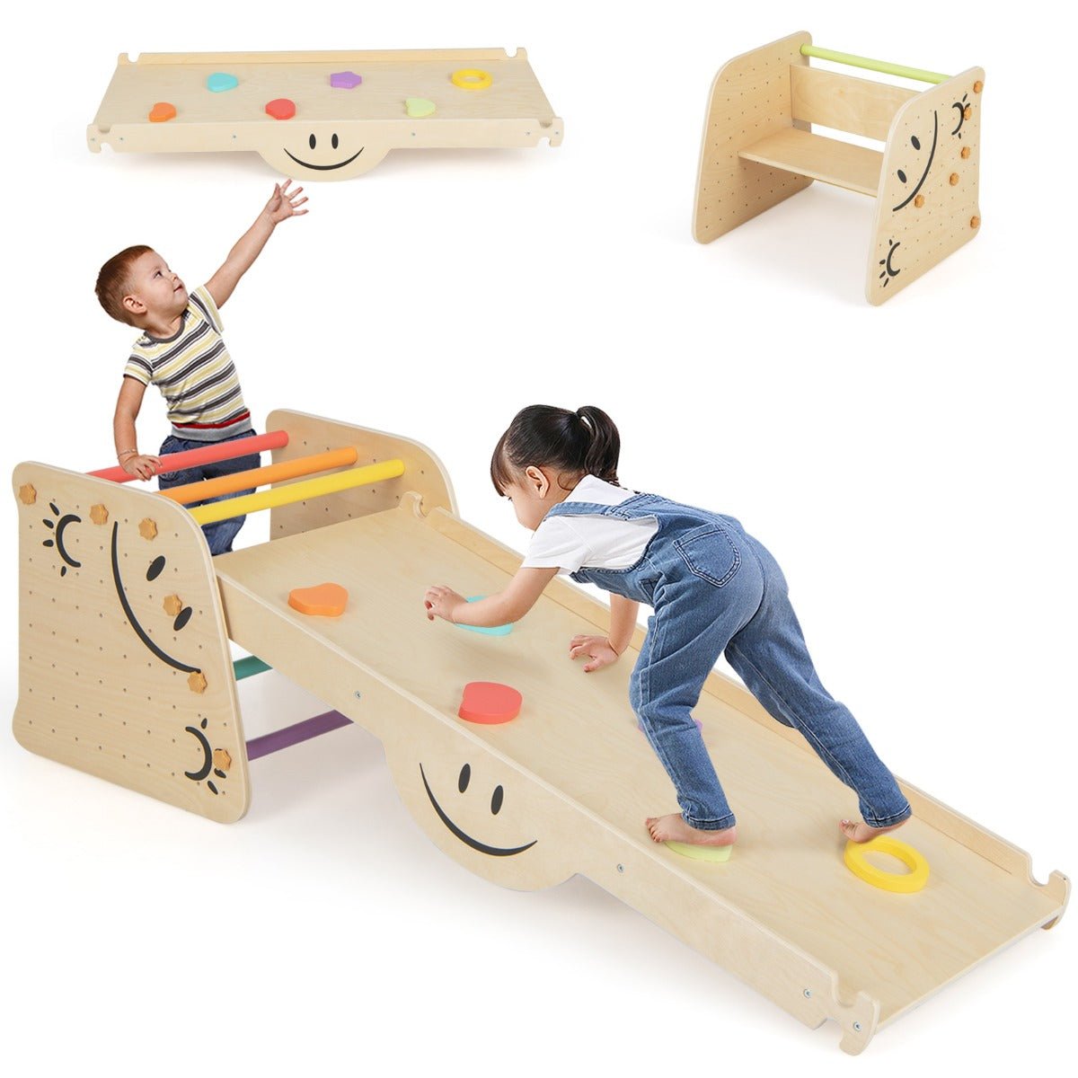 Montessori wooden triangle climber set with adjustable ramp for active indoor play at home.