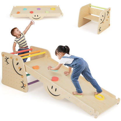 Montessori wooden triangle climber set with adjustable ramp for active indoor play at home.