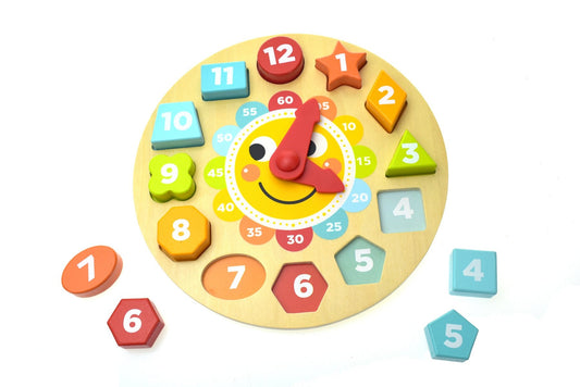 Colorful wooden clock puzzle for kids, educational toy for learning time-telling at home.