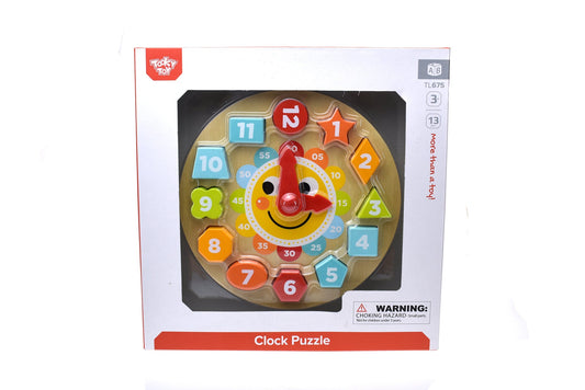 Colorful wooden clock puzzle for childrens learning and playtime at home.