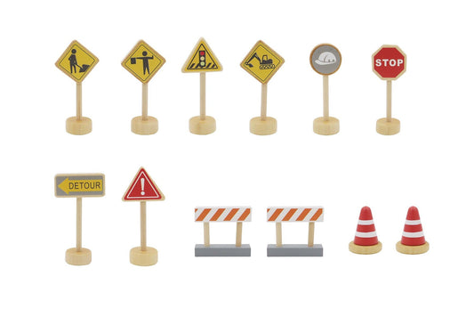 Wooden construction road sign toy for imaginative play and learning, perfect for kids playrooms.