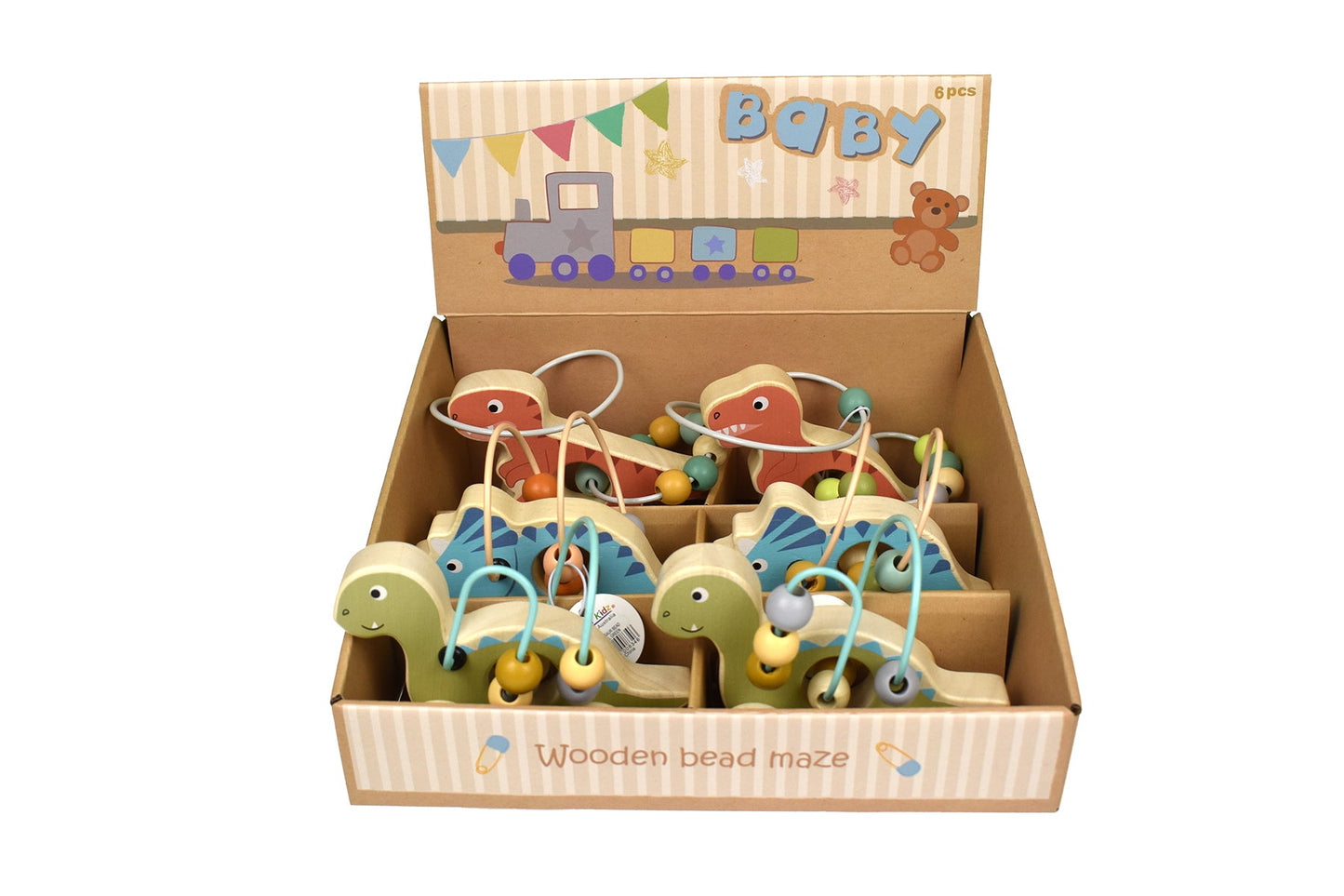 Wooden dinosaur bead maze on wheel, engaging toy for kids cognitive development at home.