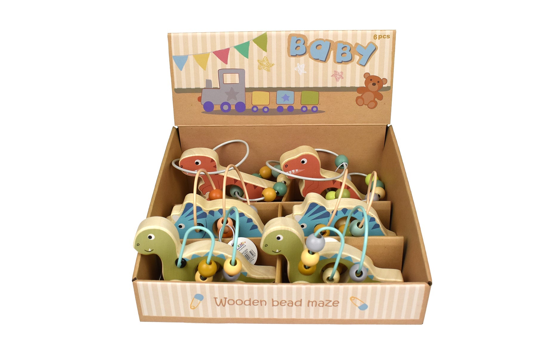 Wooden dinosaur bead maze on wheel, engaging toy for kids cognitive development at home.