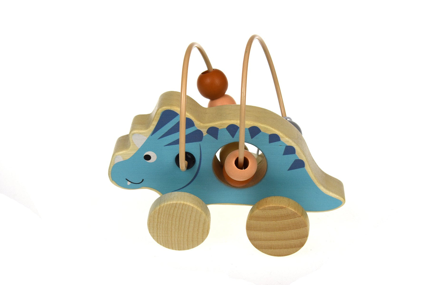 Blue wooden dinosaur bead maze on wheel, engaging kids motor skills and imagination at home.