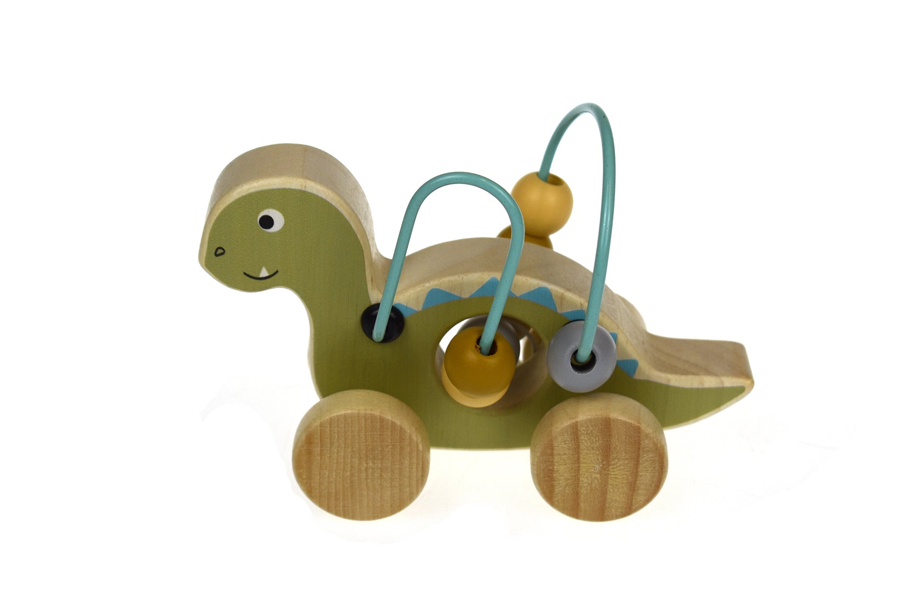 Green wooden dinosaur bead maze on wheel, perfect for childrens interactive play and learning.