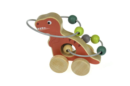 Red wooden dinosaur bead maze wheel for entertaining and developing fine motor skills in kids.