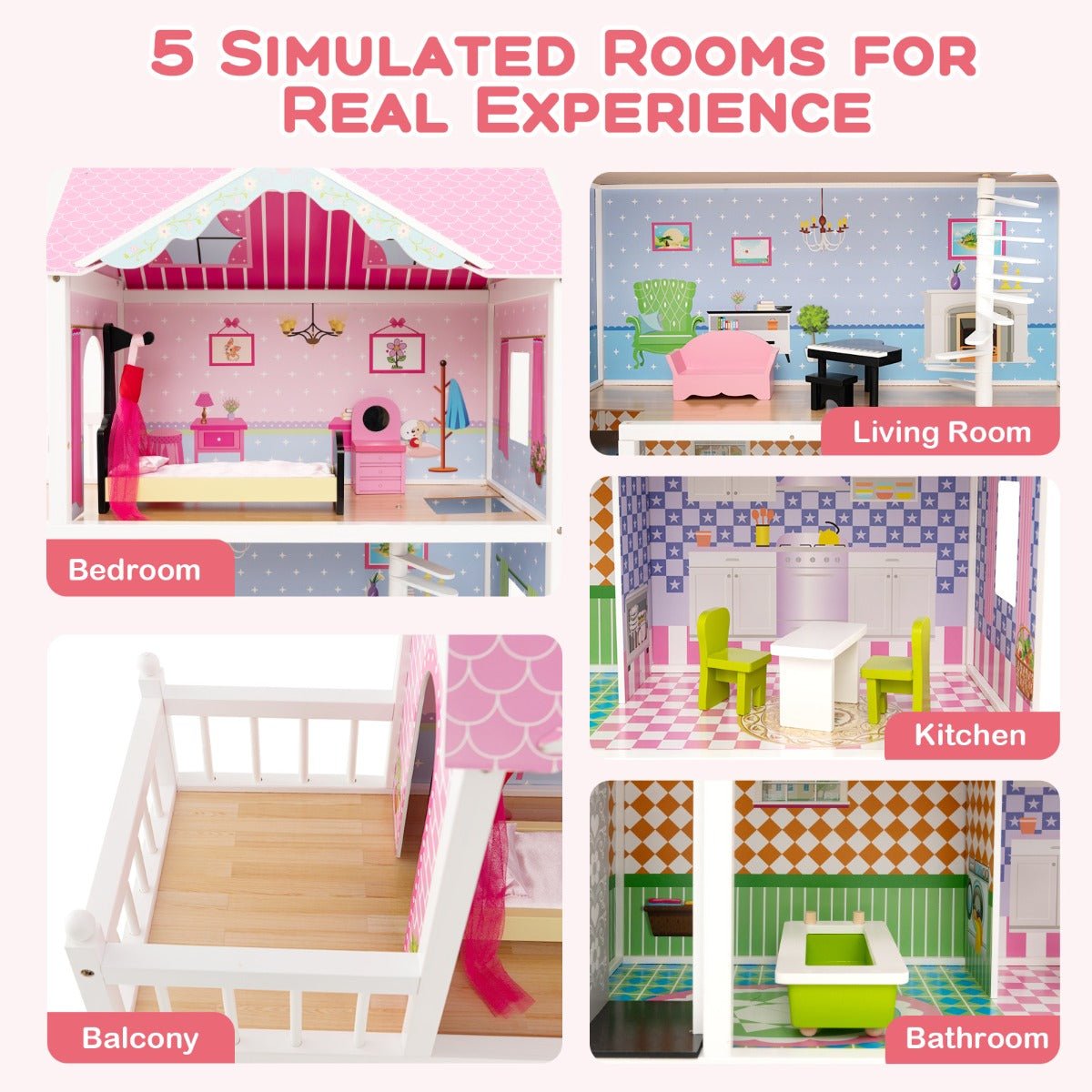 Wooden 3-story dollhouse with elevator and furniture set for imaginative kids playtime.