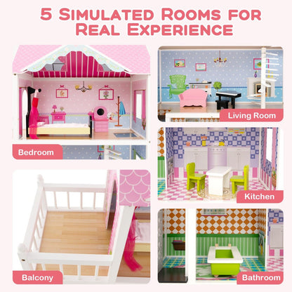 Wooden 3-story dollhouse with elevator and furniture set for imaginative kids playtime.