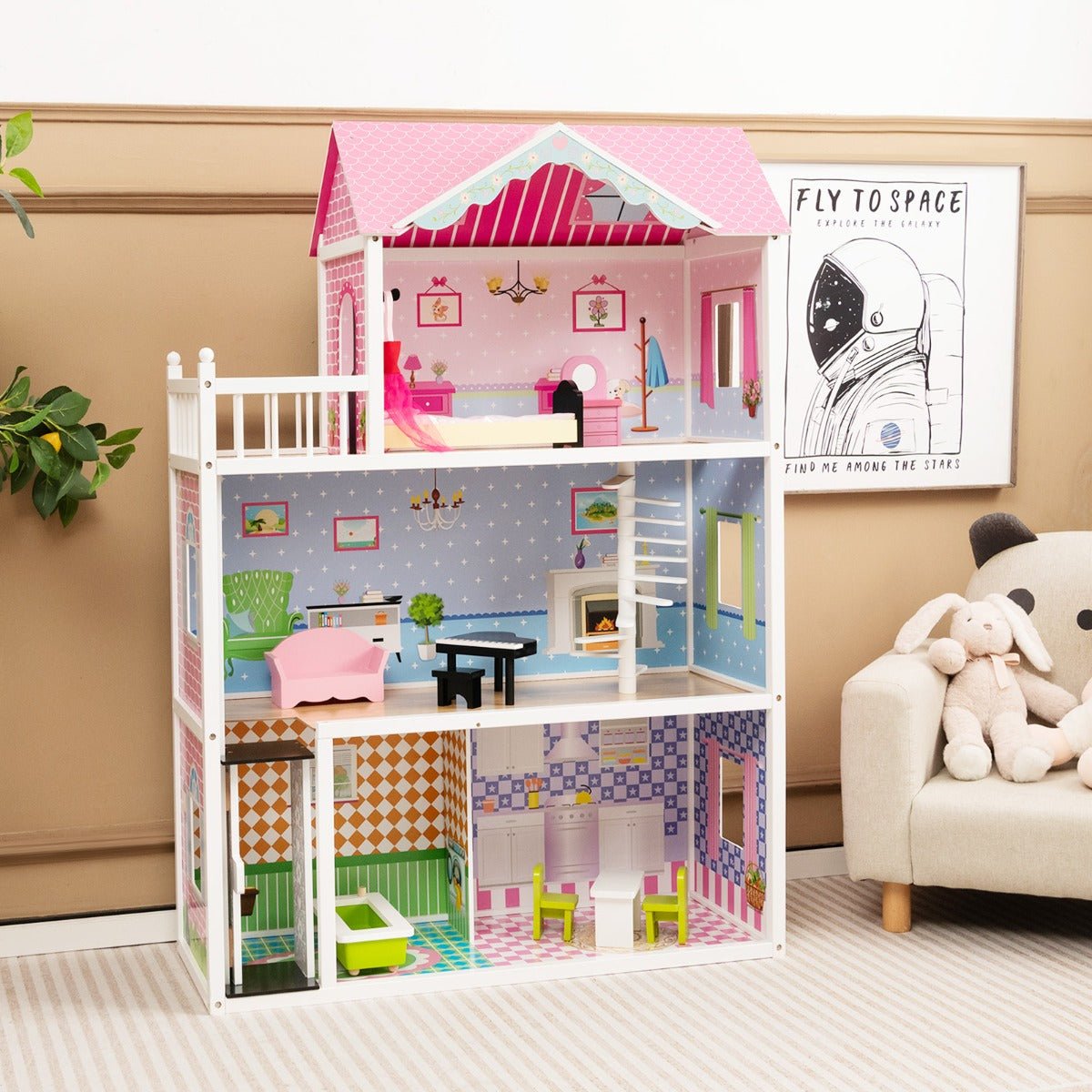 Wooden 3-story dollhouse with elevator and furniture set, perfect for kids imaginative play.