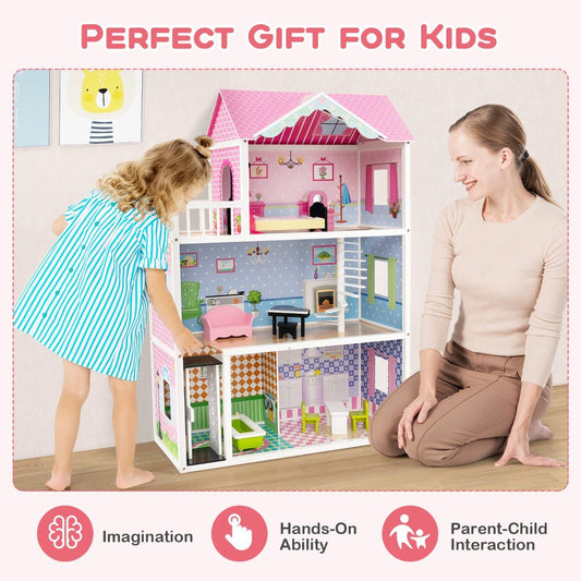 Wooden dollhouse with elevator and furniture for kids, sparking imaginative play in 3 stories.