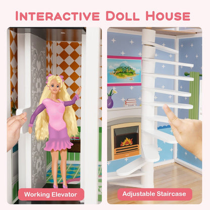 Wooden 3-story dollhouse with elevator and furniture set - imaginative play toy for kids.