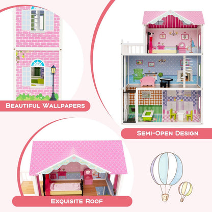 3-story wooden dollhouse with elevator and furniture set, perfect for imaginative play for kids.